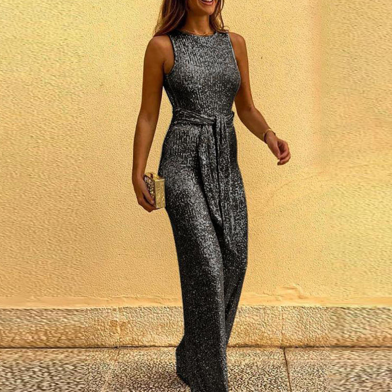Elegant Sexy Backless Sequin Romper Jumpsuit Women Summer Sleeveless Shiny Belt Overalls Bodysuit Office Lady Glitter Playsuits T200303