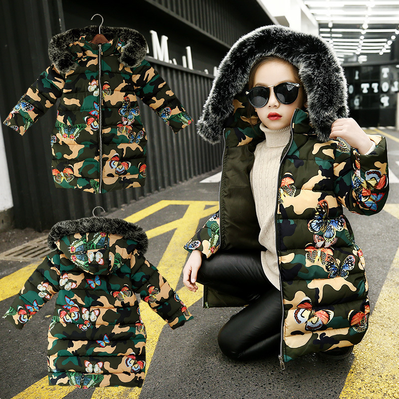 Girls' cotton jacket 3-11 years old children's down cotton jackets Printed cartoon butterfly camouflage girls winter jackets LJ201017