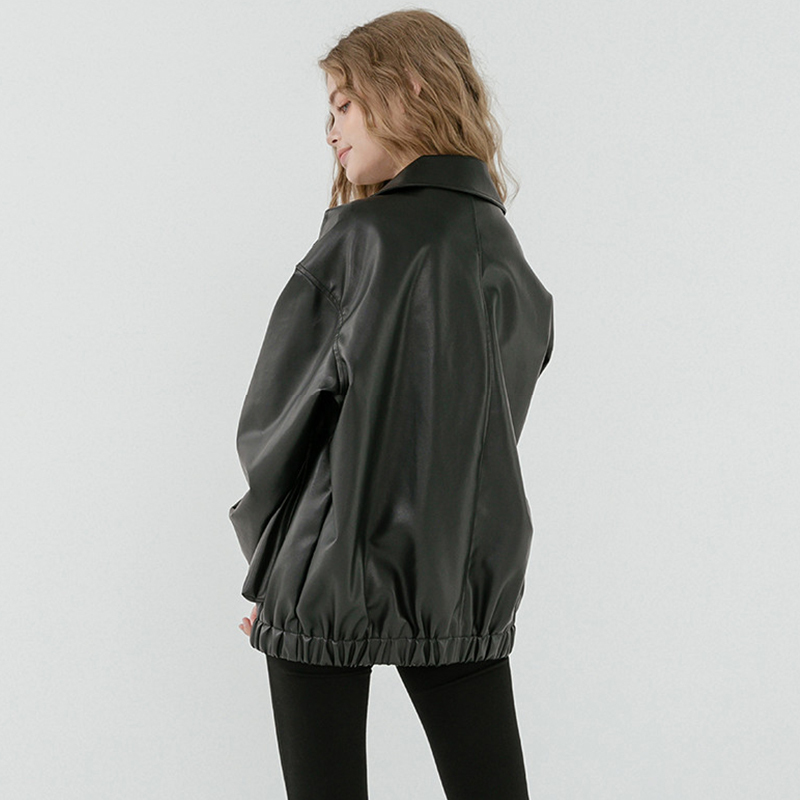 Lautaro Oversized leather jacket women long sleeve zipper turn down collar Loose black plus size faux leather jackets for women 201226