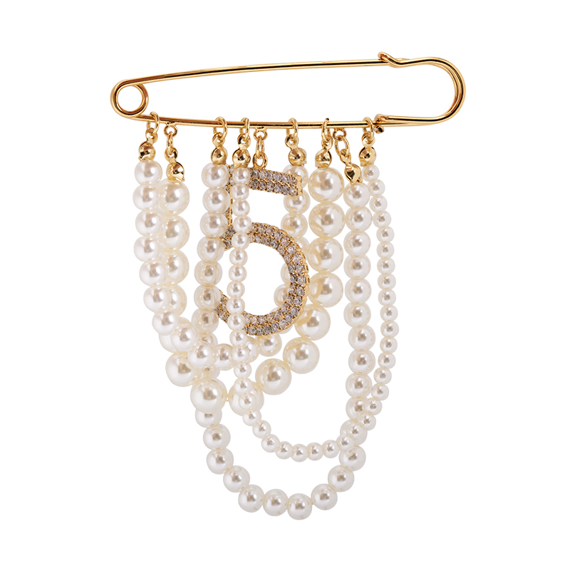 charming number 5 pearl women brooches shiny rhinestone tassel pendant pin brooch 201009, Gray