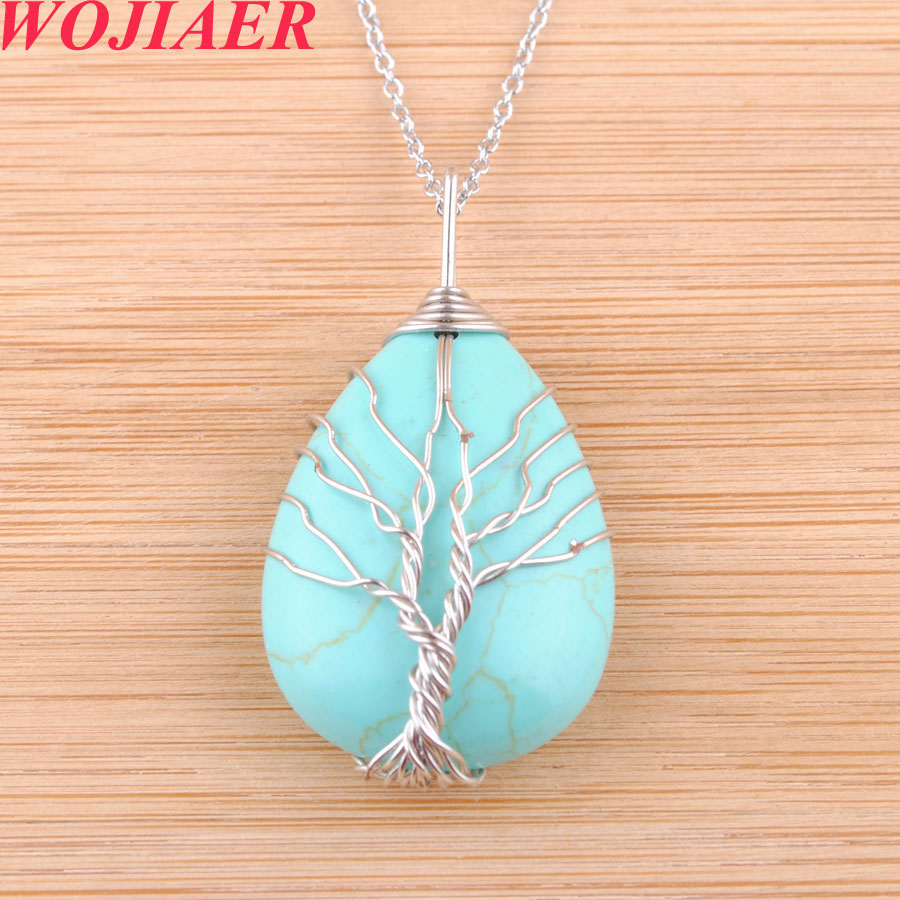 WOJIAER Mix Crystal Natural Stone Tree of Life Necklace Opal Green Howlite Onyx Water Drop Bead Twining Pendant 6PCS DBO912
