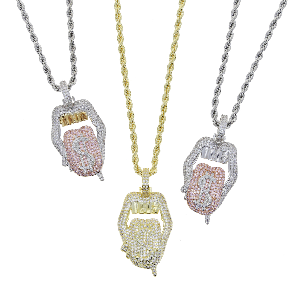 New All Hallows' Day Gift Jewelry For Women Iced Out Bling CZ Tennis Chain Tongue Pendant Drip Dollar Lip Necklace