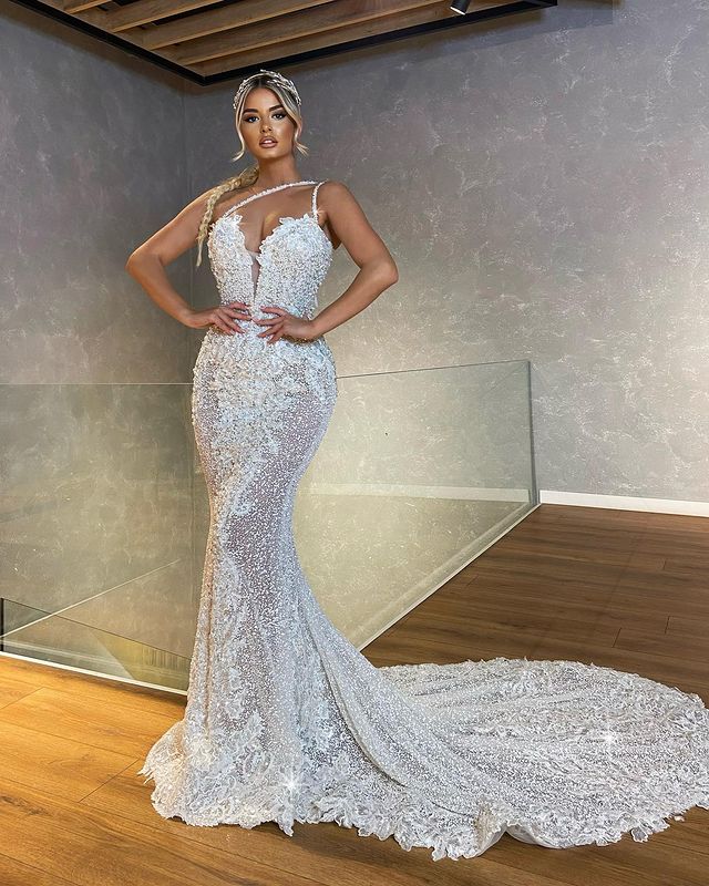 plus size arabic aso ebi luxurious mermaid lace wedding dress one shoulder beaded bridal gowns dresses zj466
