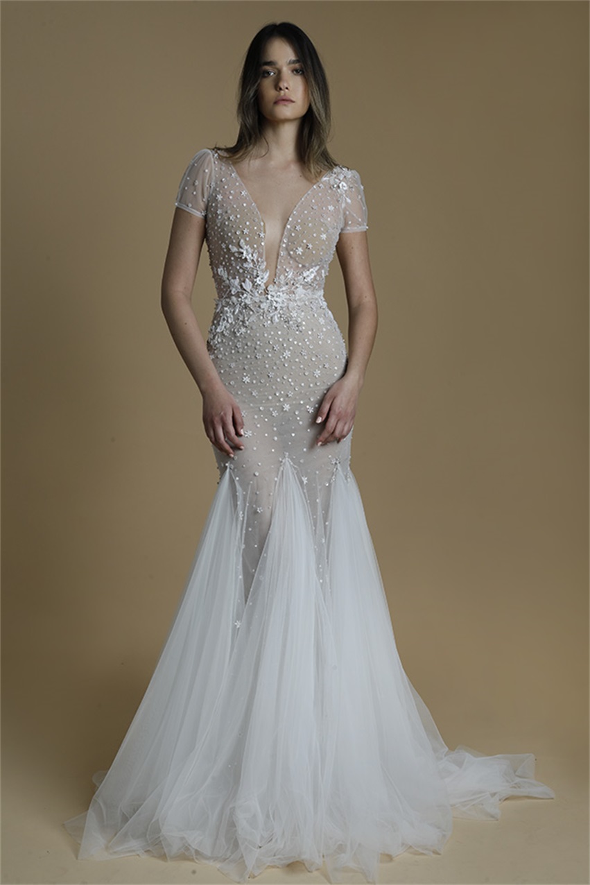 Liz Martinez 2021 Mermaid Wedding Dresses Beaded Lace Appliqued V Neck Short Sleeve Bridal Gowns Sweep Train Wedding Dress