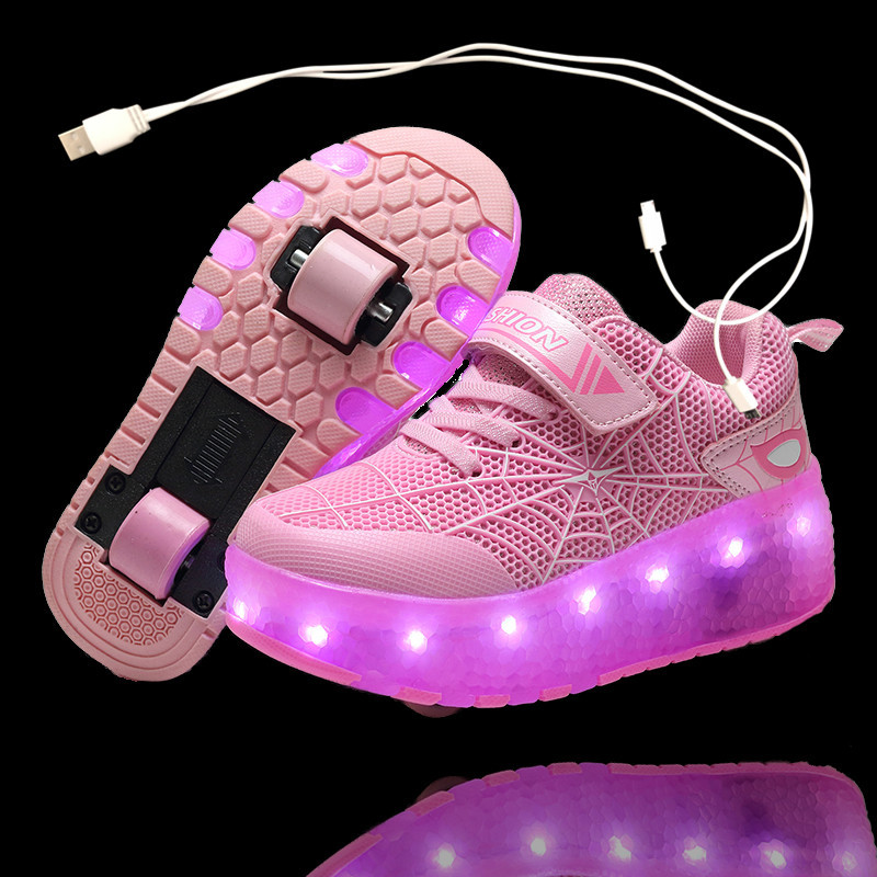 Children One Two Wheels Luminous Glowing Sneakers Gold Pink Led Light Roller Skate Shoes Kids Led Shoes Boys Girls USB Charging Y241127