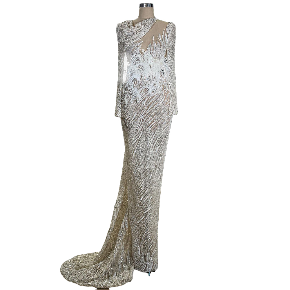 Gorgeous Sequins Mermaid Prom Dresses Sparkly Sheer Neck Long Sleeve Ostrich Feather Evening Dress Pleats Women vestidos Custom Made