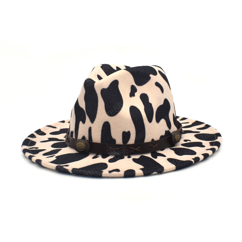 New Fashion Cow Print Jazz Caps Men Fedoras Hats Women Wool Felt Wide Brim Vintage Cowboy Hat