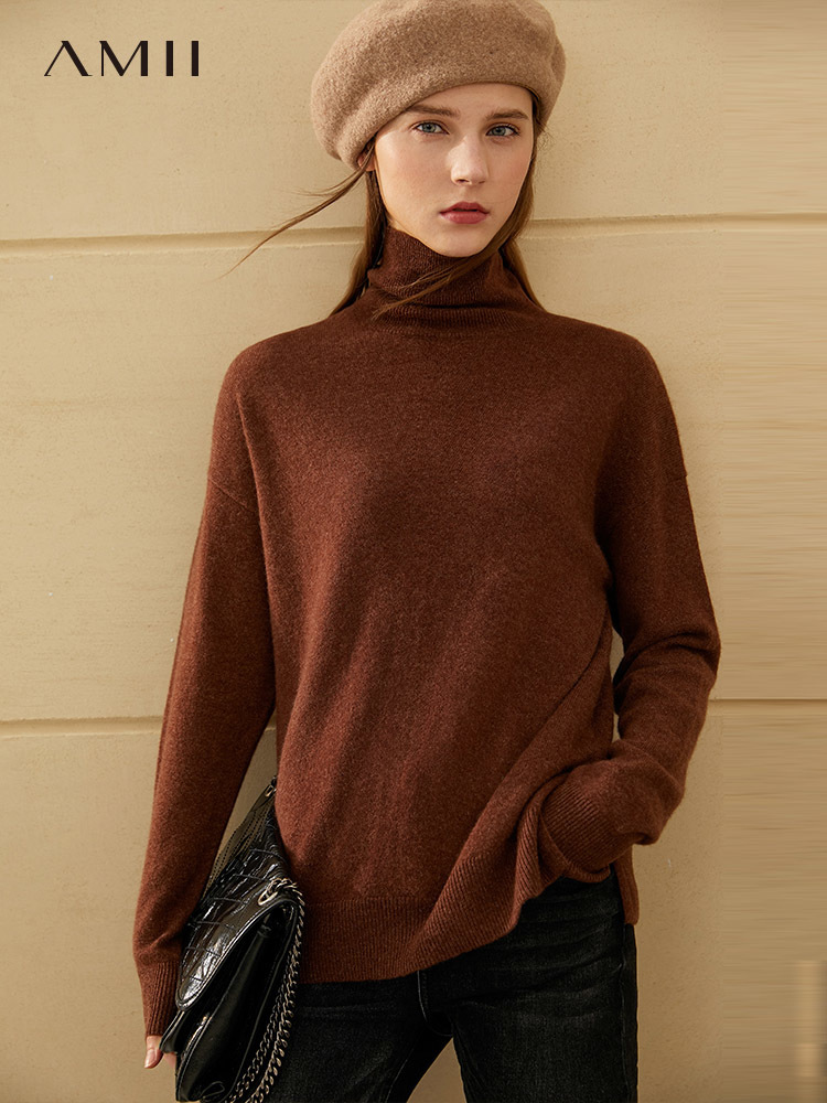 Amii Minimalism Winter Causal Women's Sweater Fashion 100Cashmere Solid Loose Women's Turtleneck Sweater Female Tops 12041006 201017