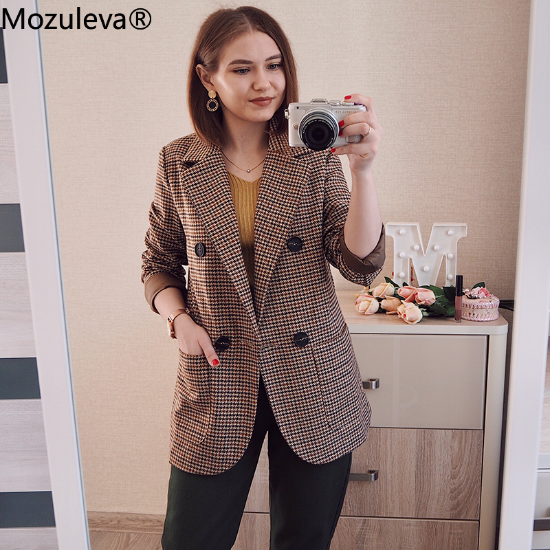 Mozuleva Korean Plaid Women Work Blazer Jacket Casual Double-breasted Sashes Suit Jacket Female Slim Female Blazer Outwear 201008