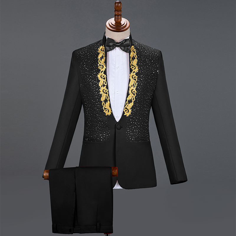 Red Sparkly Crystals Embroidery Blazers Suit Wedding Groom White Stage Chorus Men Dresses Singer Host 2-Piece Set Costume 201109