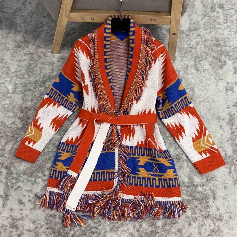 Boho Inspired Cashmere jacquard cardigan for women fringed trims long sleeve cardigan sweater coat winter belted sweater women 201017