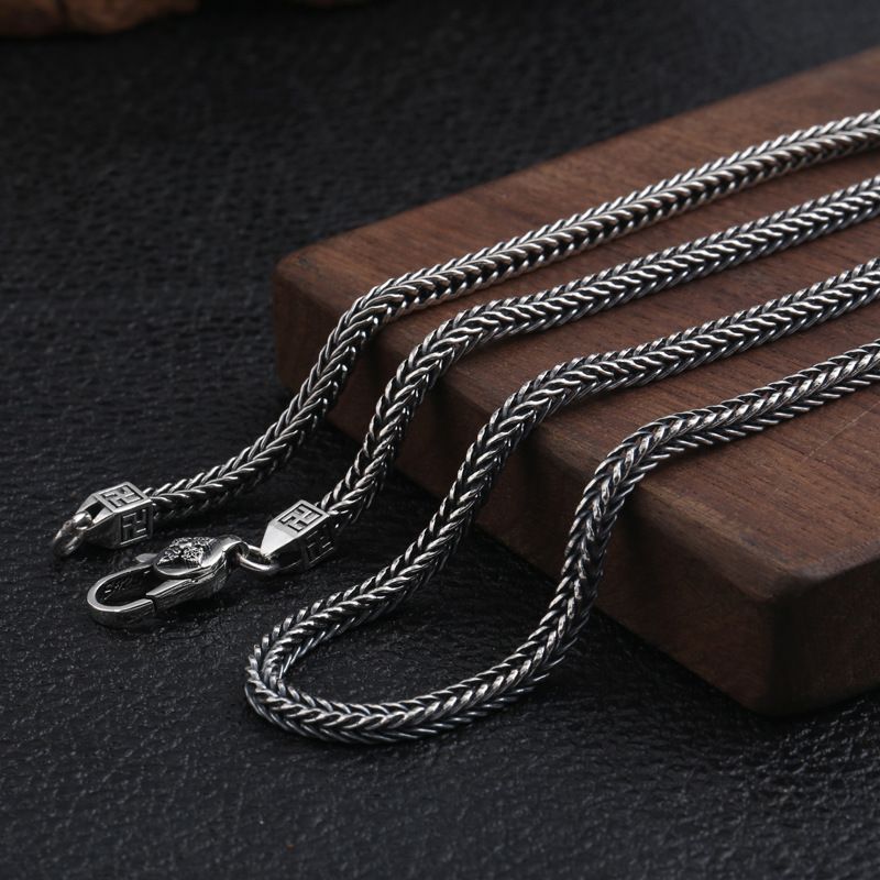 925 sterling silver vintage jewelry foxtail chain necklace American European antique silver hand-made punk gothic designer vintage necklaces