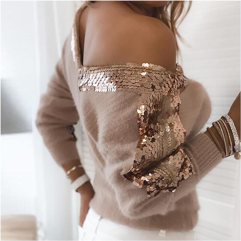 Elegant Off Shoulder V Neck Autumn Sweaters Vintage Sequin Patchwork Knitted Sweater Casual Women Long Sleeve Pullover Tops 201222