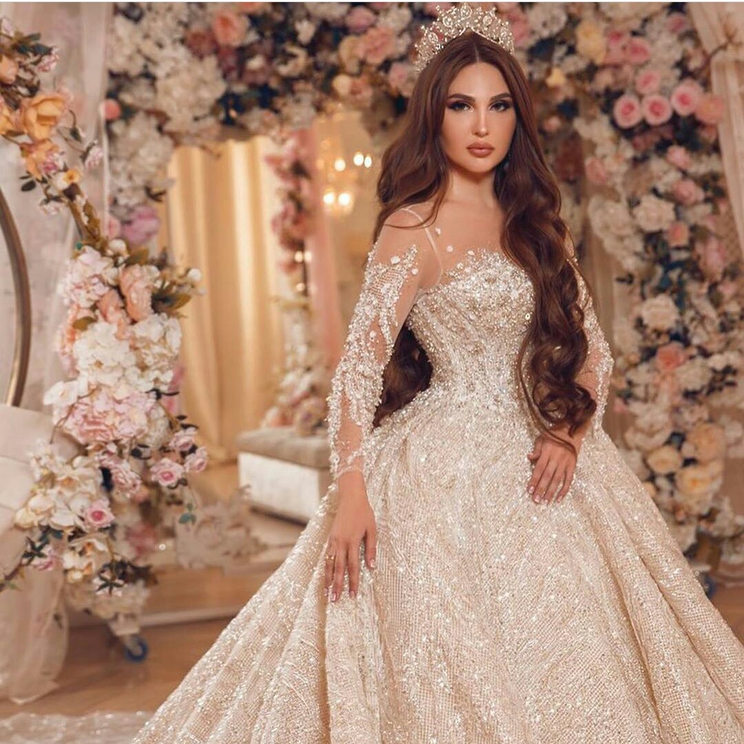 2021 Arabic Luxurious Wedding Dresses Sheer Long Sleeve Shiny Sequined Plus Size vestido de novia Custom Made Lace Bridal Gowns
