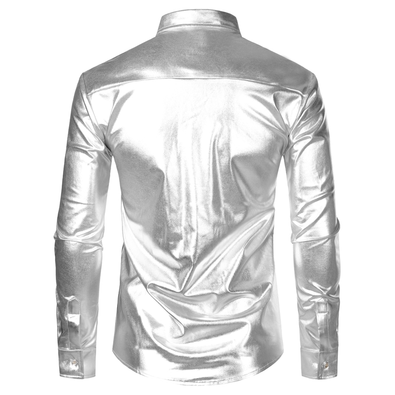 Silver Metallic Sequins Glitter Shirt Men New 70's Disco Party Halloween Costume Chemise Homme Stage Performance Shirt Male 201120