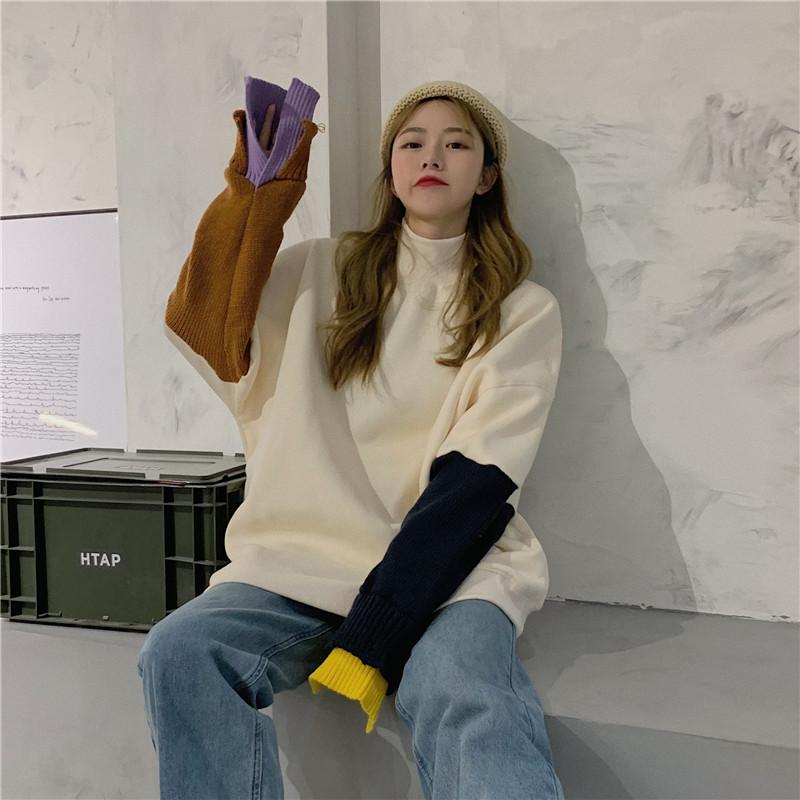 Autumn and winter all-match loose contrast color stitching knitted sleeve sweatshirt college style high neck hoodie women, Beige
Autumn and winter all-match loose contrast color stitching knitted sleeve sweatshirt college style high neck hoodie women, Beige