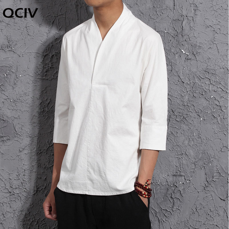 Kimono Summer Blue/White/Black Cotton Linen Shirt Men Chinese Style Retro V-Neck Linen Blouse Thin Vintage Tee Shirt
