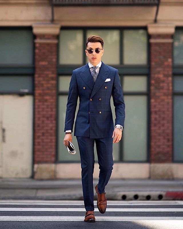 Navy Check Groomsmen Wedding Tuxedos Double Breasted Best Men Coat Suits Prom Party Blazer Jacket (Jacket+Pants)