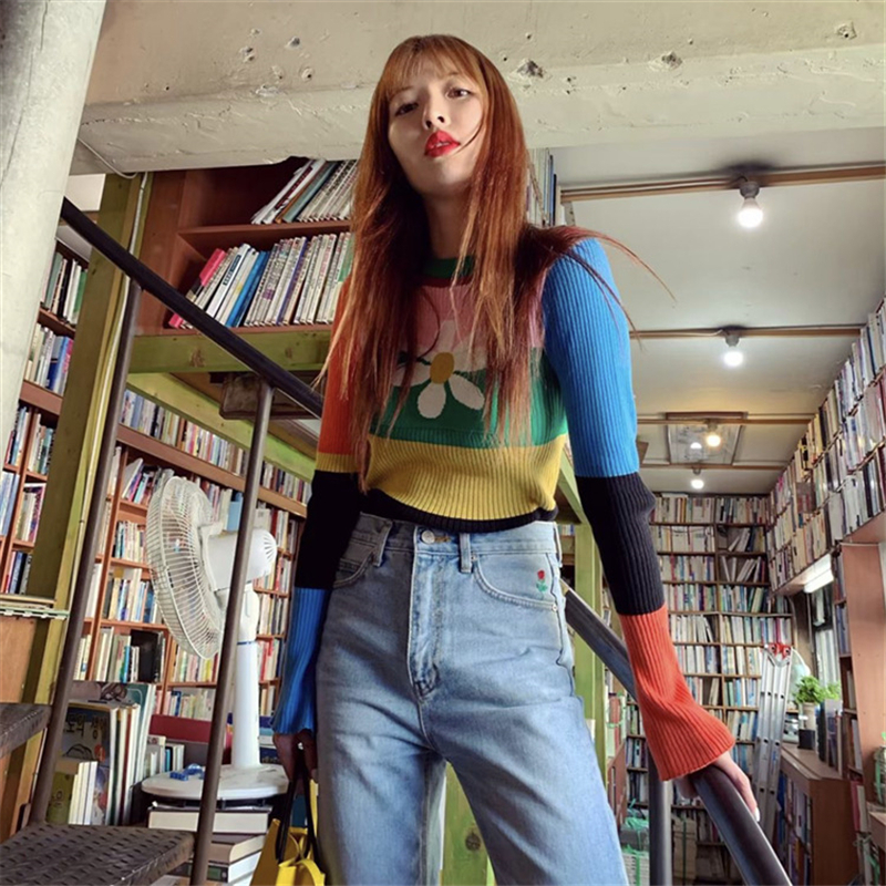 Womens Flower Print Rainbow Striped Sweater Stretch Fitted Long Sleeve Pullover Knit Top Dolly Sweater Harajuku e-Girl Outfit / 201130