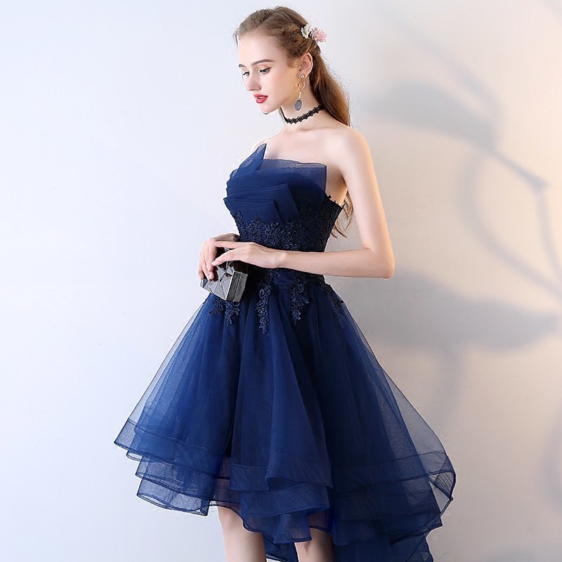 Evening Dresses Short Front Long Back Party Prom Lace Applique Navy Blue Strapless Vestidos De Festa Formal Gown 201114