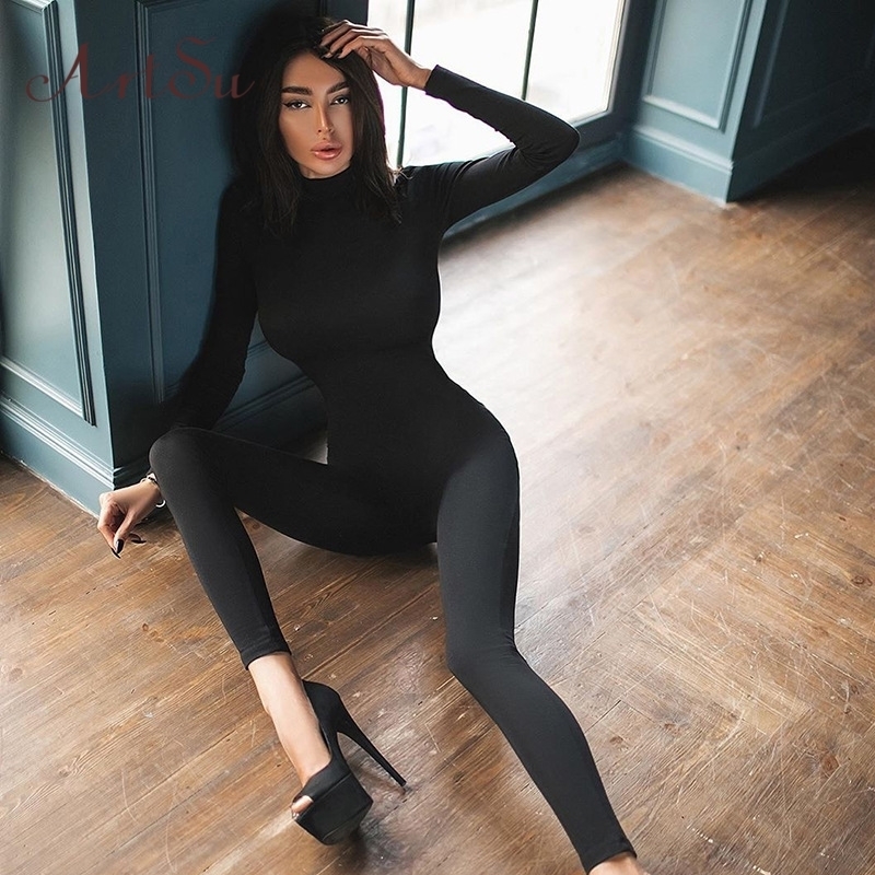 Artsu Women Long Sleeve Fitness Jumpsuit Bodycon Zipper Skinny Female Casual Bodysuit Rompers Vintage Overalls ASJU70158 201007