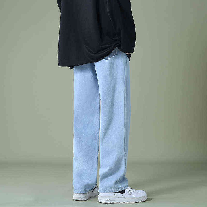 New Autumn Men Denim Wide-leg Pants Korean Style Straight Light Blue Baggy Jeans Elastic Waist Student Trousers Male Black Gray G0104