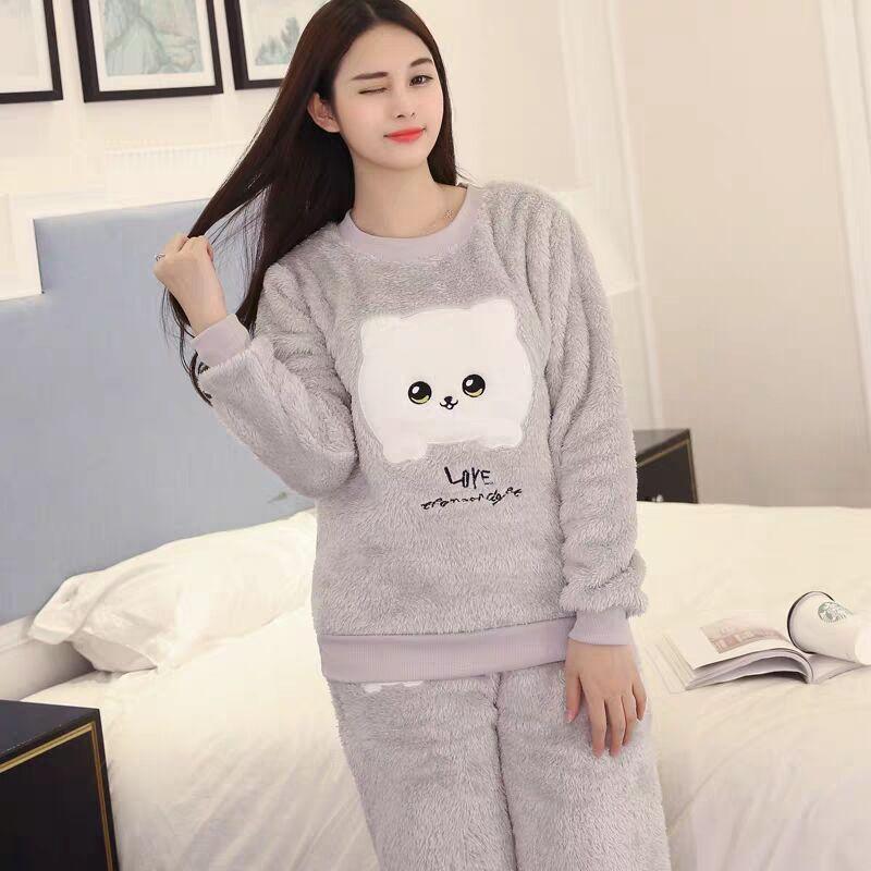 Autumn Winter Warm Flannel Women Pyjamas Sets Thick Coral Velvet Long Sleeve Cartoon Sleepwear Flannel Pajamas Set Girl 201113