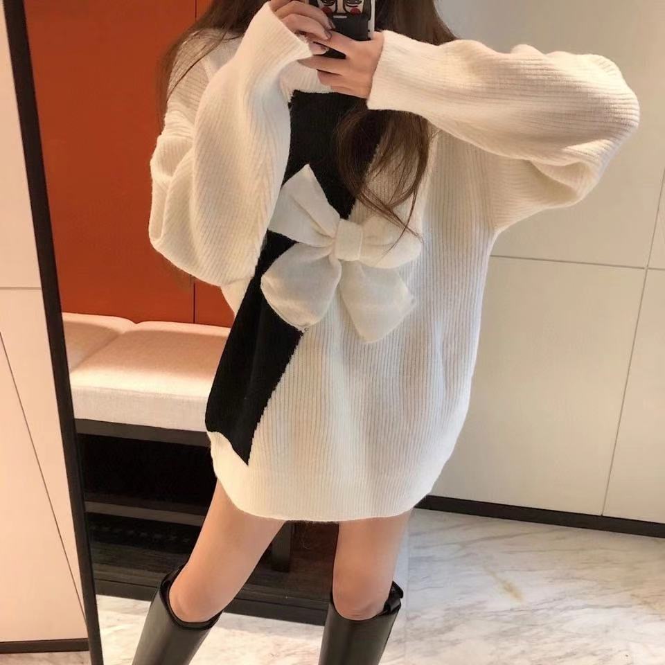 2020 new elegant matching color bowknot sweater knitted dress in the long style of fashion joker contrast color long sleeve, White;black
2020 new elegant matching color bowknot sweater knitted dress in the long style of fashion joker contrast color long sleeve, White;black