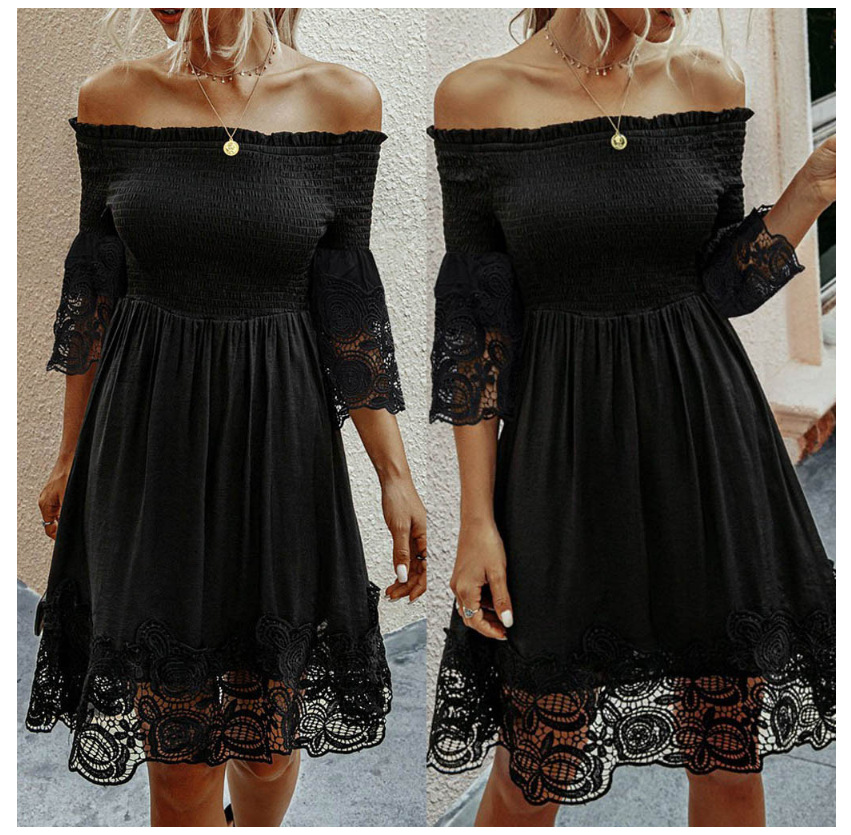 Little Black Short Prom Dress With Sleeves Lace Off The Shoulder Elastic Cotton Real Photos S M L XL XXL