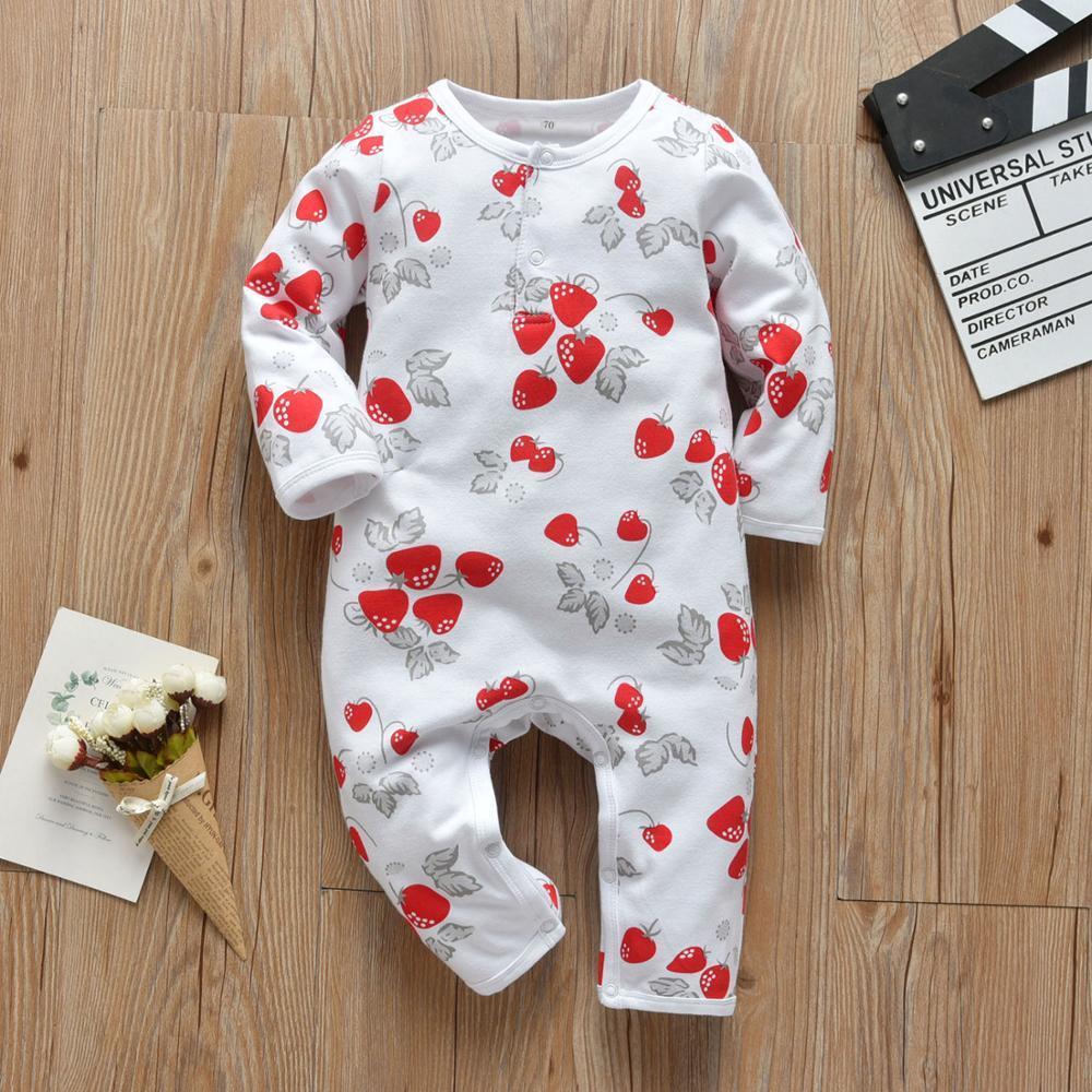 Newborn Baby Girls Romper Cute Strawberry Print Cotton Long Sleeve Jumpsuit Autumn Outfit Clothes Infant Toddler Clothing 201027