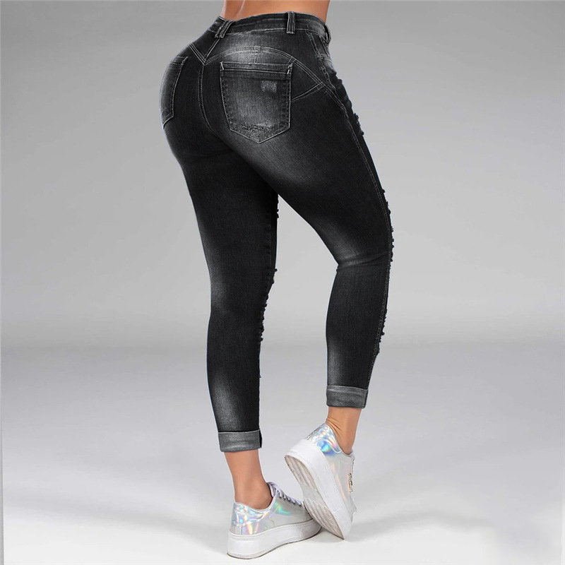 Washed Ripped Jeans Women Plus Size S5XL Korean High Waist Trousers Skinny Denim Jeans Black Blue Hollow Bleached Pencil Pants 201105