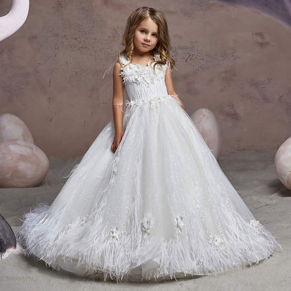 Beaded Feather Girls Pageant Dresses Jewel Neck 3D Appliqued Princess wer Girl Dress Sequined Sweep Train First Communion Gowns