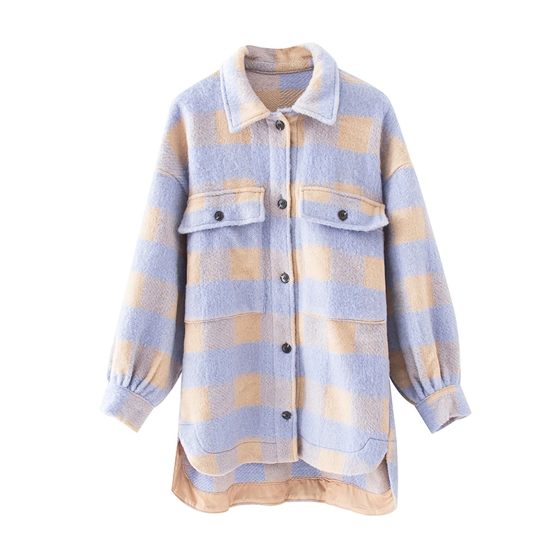 HiloRill Women Woolen Plaid Coat With Pockets Batwing Long Sleeve Loose Jacket Turn Down Collar Casual Ladies Tops Outerwear 201113