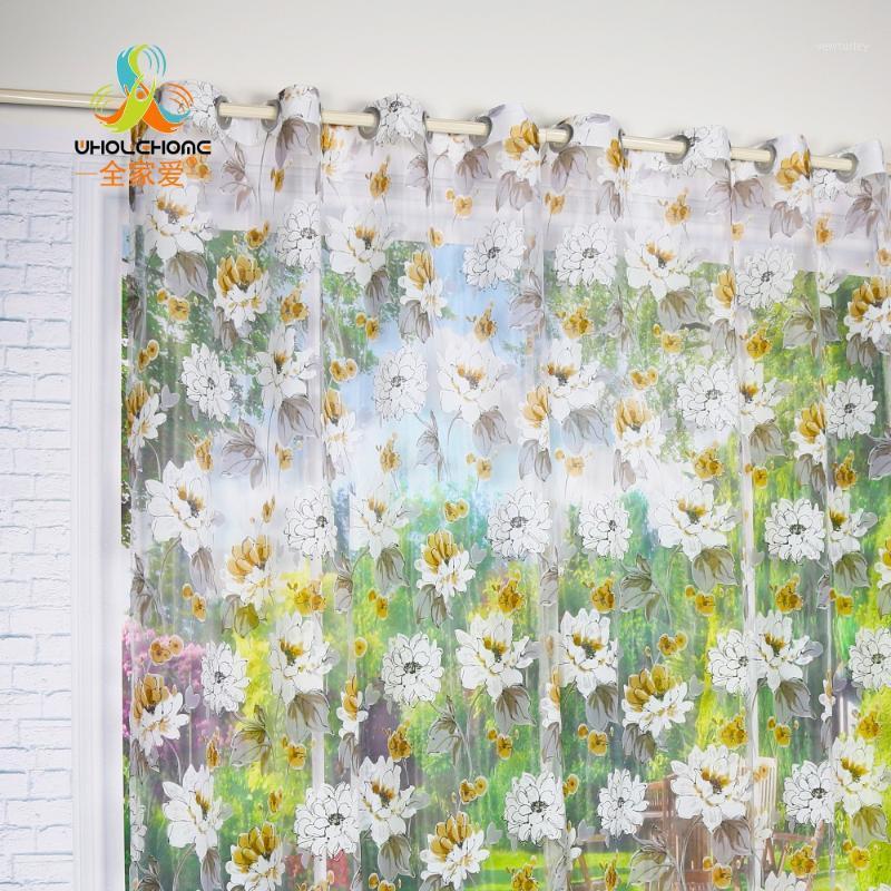 

Window Curtain White&Yellow Floral Printed Burnout Transparent Sheer For Home Living Room Screening Voile Fabric 1PCS/Lot1, Rod pocket