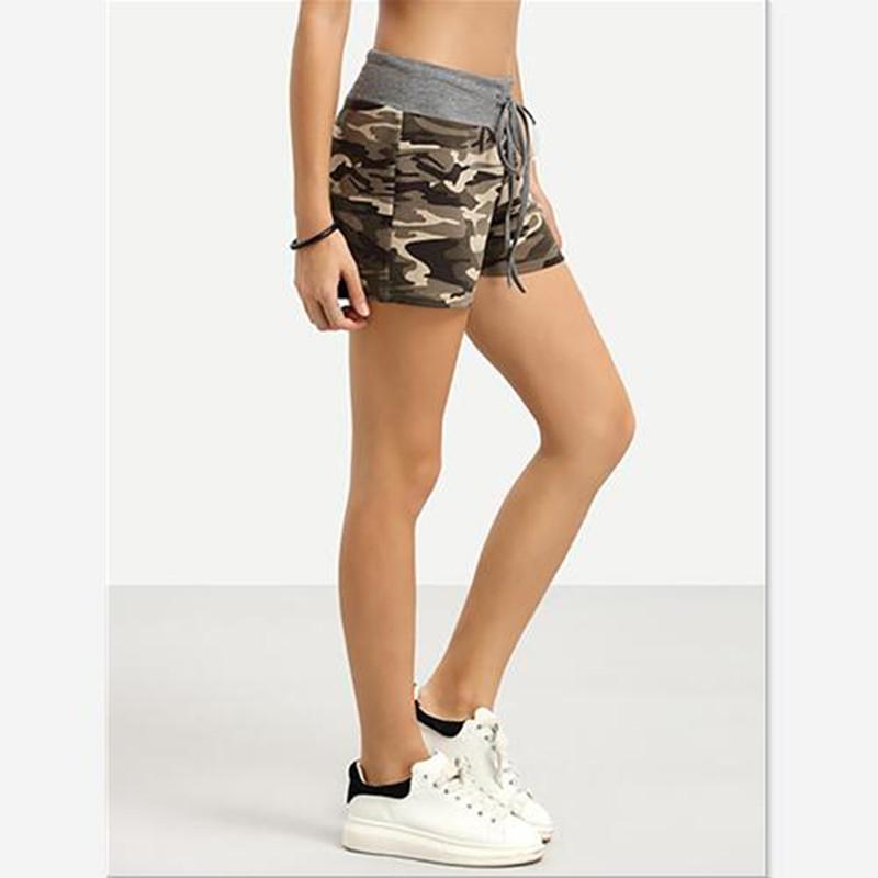 Women printing Shorts green Camouflage print Cotton Blend patchwork Elastic Wait Drawstring summer lady wild casual Sport Active short Pant