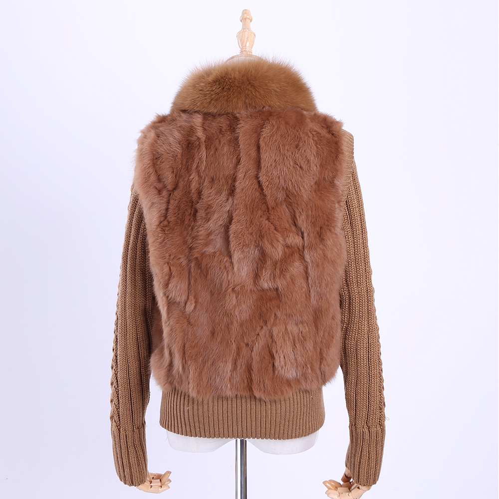 Women's Genuine Real Rabbit Fur Fox Fur Collar Knitting Sleeve Women's Winter Coat Fur Jacket Casual Short Outwear Slim 201031