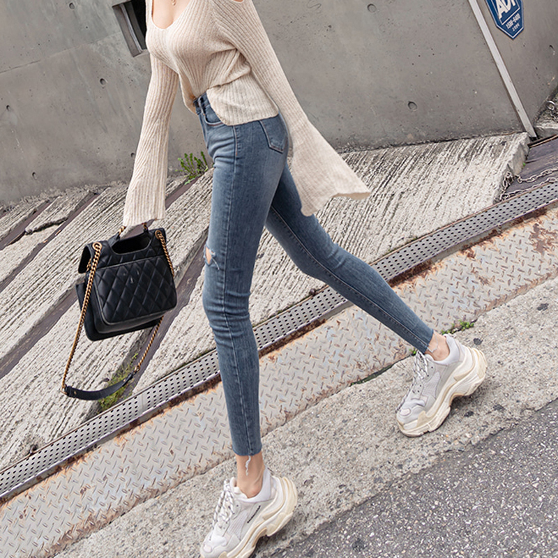 Plus Size Button Fly Women Jeans High Waist Denim Pants Women High Elastic Skinny Pants Ripped Hole Stretchy Women Trousers T200608