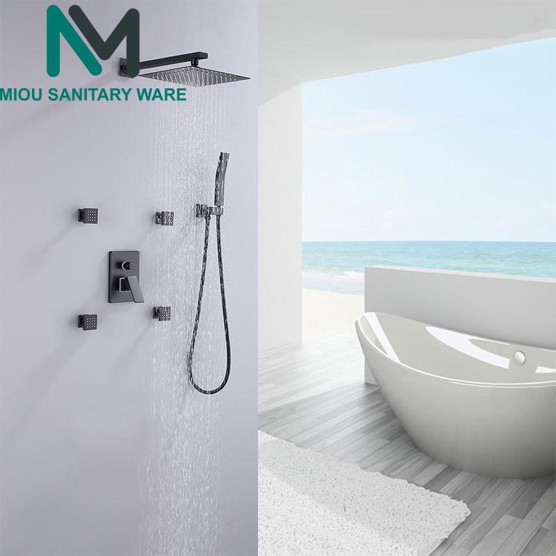 Matte Black Shower Faucets Set Black Ultrathin Shower Head 4pcs Massage SPA Jets 3-way Mixer Tap Bath Kit
Matte Black Shower Faucets Set Black Ultrathin Shower Head 4pcs Massage SPA Jets 3-way Mixer Tap Bath Kit