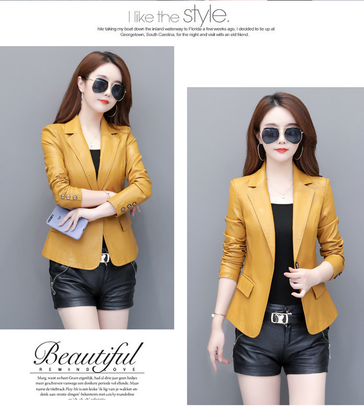 Autumn New womens turn down collar slim waist long sleeve PU leather blazer short coat plus size SMLXLXXL3XL4XL5XL large size casacos