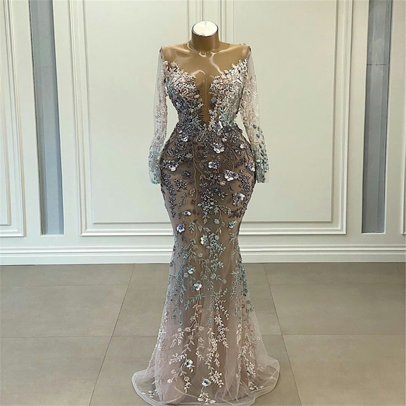 Chic Floral Mermaid Evening Dresses 3D Appliqued Lace Ruffles Long Sleeves Sweep Train Formal Party Gowns Sexy Illusion Prom Dresses
