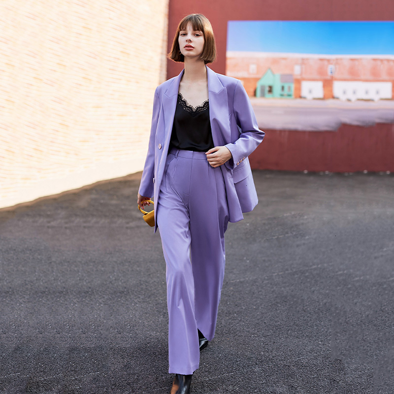 EAM Loose Fit Brief Purple Double Breasted Jacket Lapel Long Sleeve Women Coat Fashion Spring Autumn 1H090 201026
