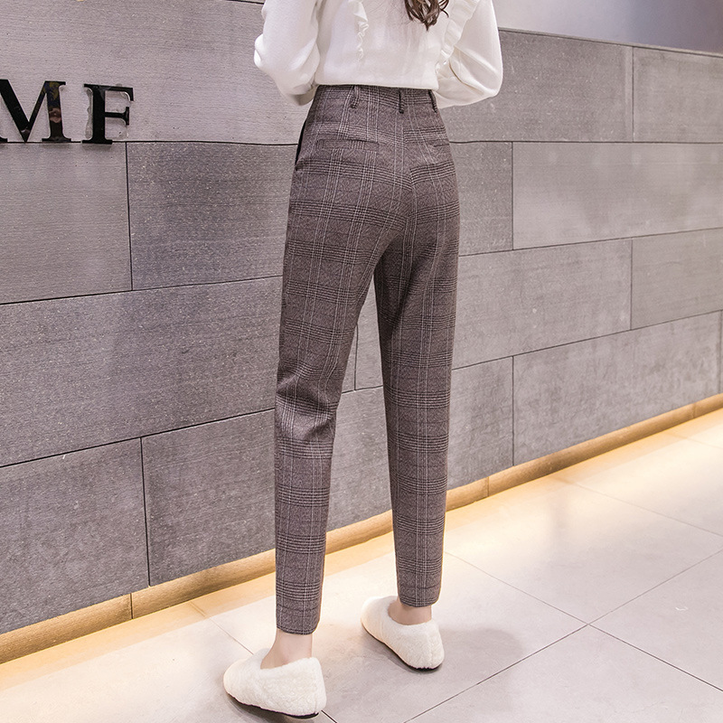 S-2xl Autumn Winter Plaid Wool Harem Pants Female Ankle-length High Waisted Pants Harem Pants Women Plus Trousers Women 201113