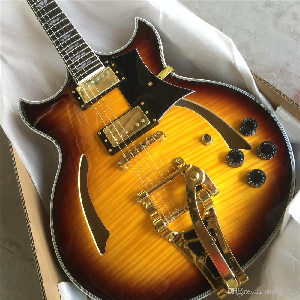 Signature hollow body front and rear flame top, double angle electric guitar for electronic guitar.
Signature hollow body front and rear flame top, double angle electric guitar for electronic guitar.