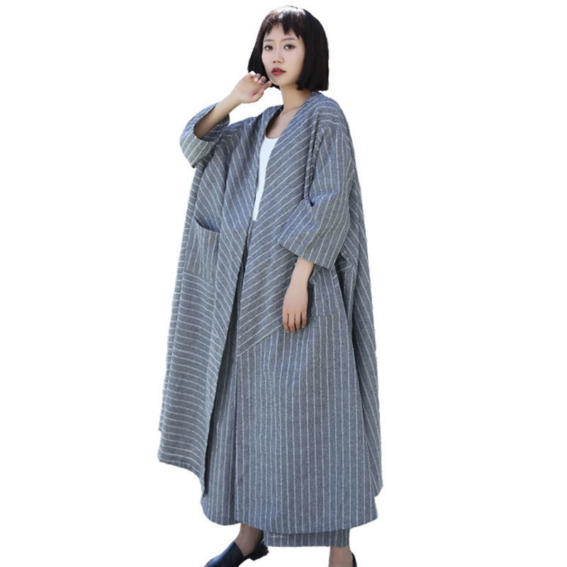 XITAO Striped Plus Size Long Trench Linen Cardigans Irregular Elegant Pocket 2019 Autumn Casual Goddess Fan Coat GCC1097 T200810