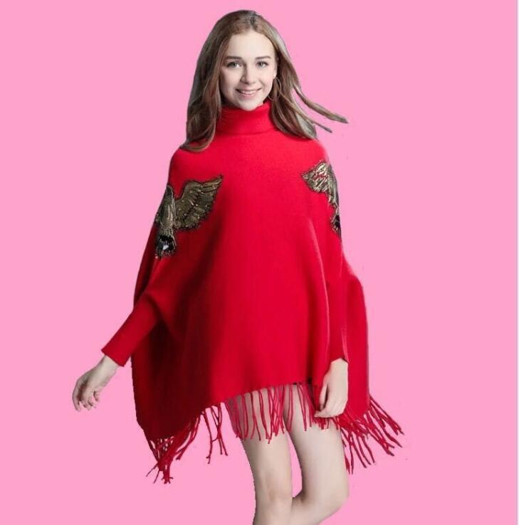 Christmas Women New Embroidery Gold Beading Eagle Cloak Poncho Turtleneck Bat Sleeve Pullover Sweater Tassel Knit Shawl Cape T200128