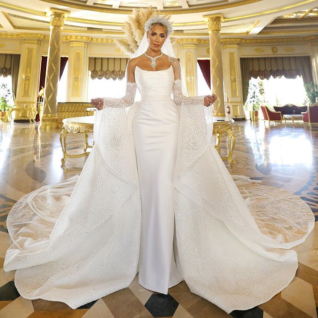 Spring African Mermaid Wedding Dresse With Detachable train Lace Full Sleeve Appliques Bridal Gowns vestidos de novia