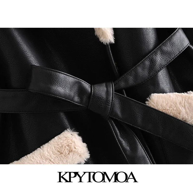 KPYTOMOA Women Fashion With Fur Faux Leather Thick Warm Jacket Coat Vintage Long Sleeve Tied Belt Female Outerwear Chic Top 201112