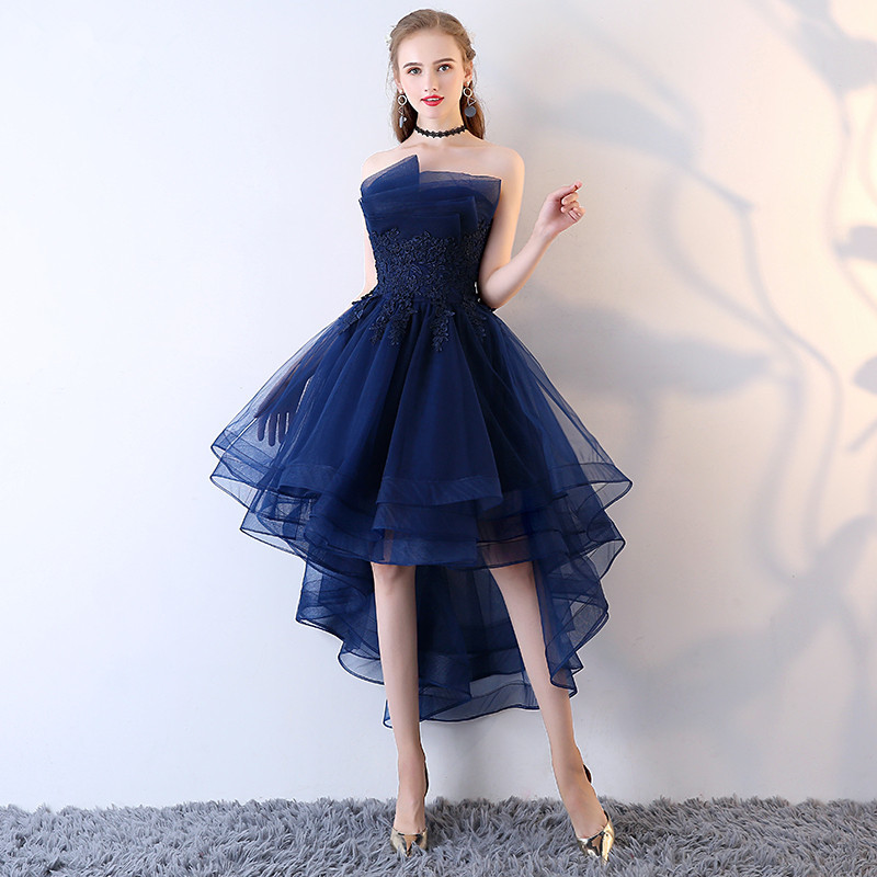 Evening Dresses Short Front Long Back Party Prom Lace Applique Navy Blue Strapless Vestidos De Festa Formal Gown 201114