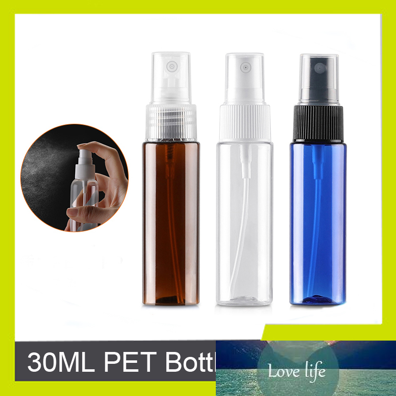 Sedorate 50 Pcs/Lot 30ML Plastic Perfume Spray Bottle Clear Brown Blue Automizer Mist Toner Refillable Travel Bottle LW008