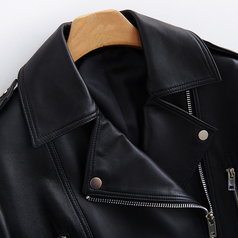 Lautaro Black long faux leather jacket women with many pockets zipper belt lapel Spring plus size leather trench coat for women 201020